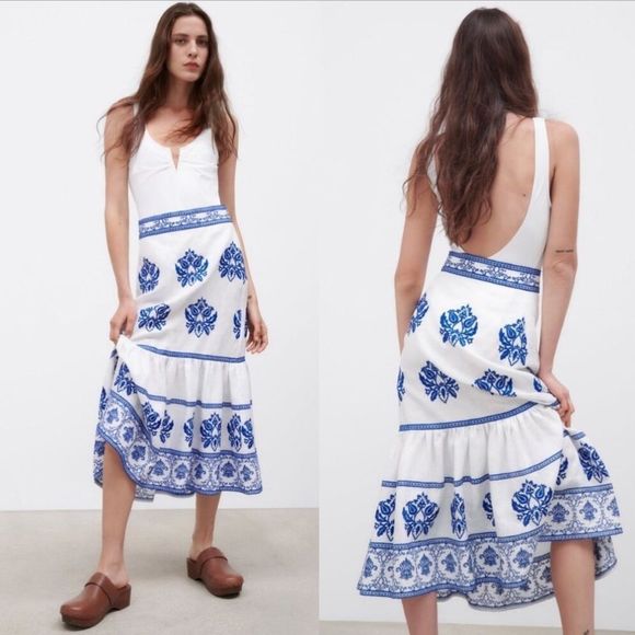 Zara Embroidered Blue and White Midi Skirt - Picture 3 of 16